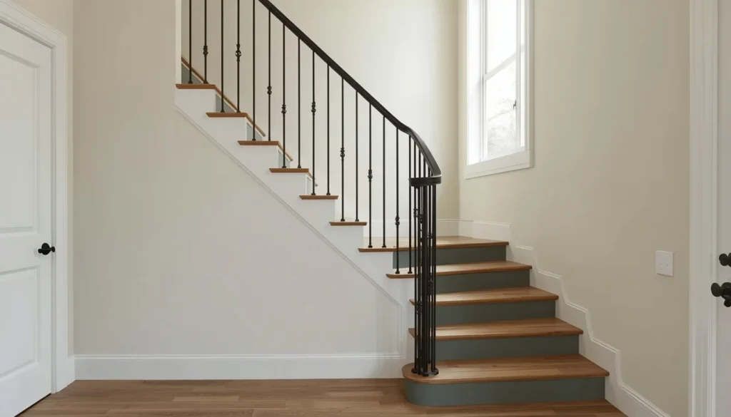 pewter green stair risers connecting entry to exterior color scheme