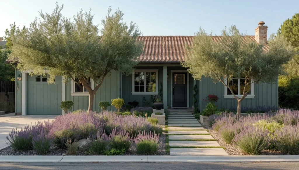 landscaping reinforcing a pewter green house color scheme