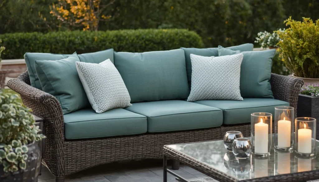 pewter green outdoor cushions on rattan patio furniture