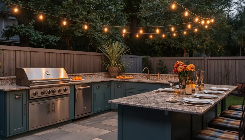pewter green outdoor kitchen cabinetry on a patio