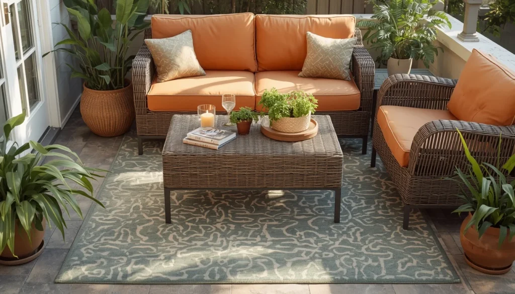 pewter green outdoor rug anchoring a patio seating area