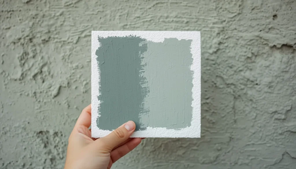 Testing pewter green patio paint swatches in natural outdoor light
