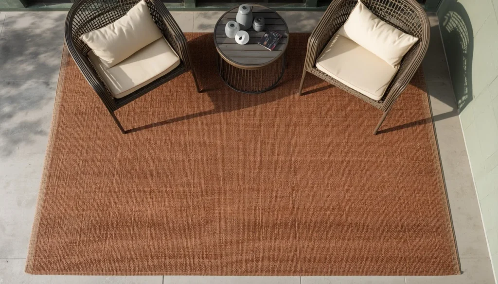 Terracotta rug anchoring seating on a pewter green patio
