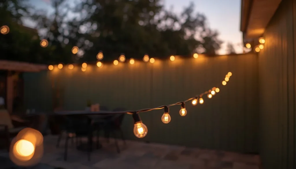  Warm string lighting on a pewter green patio at dusk