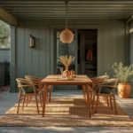 Pewter green patio ideas shown in a furnished outdoor seating area with wood and brass accents