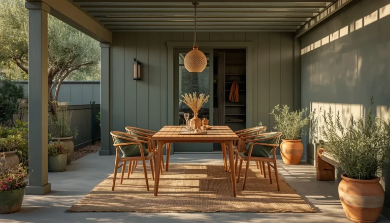 Pewter green patio ideas shown in a furnished outdoor seating area with wood and brass accents