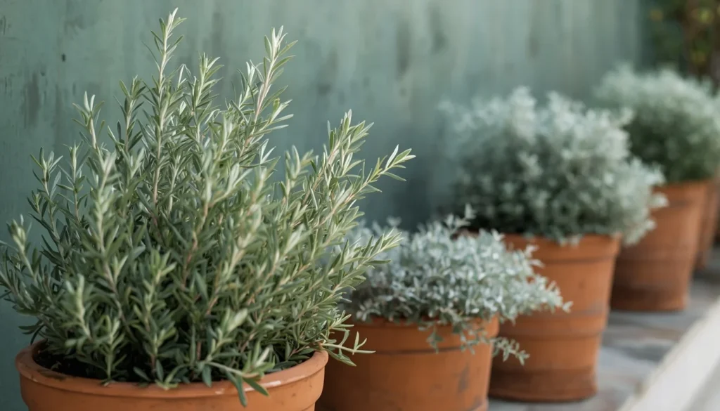 Silver-toned greenery paired with a pewter green patio wall