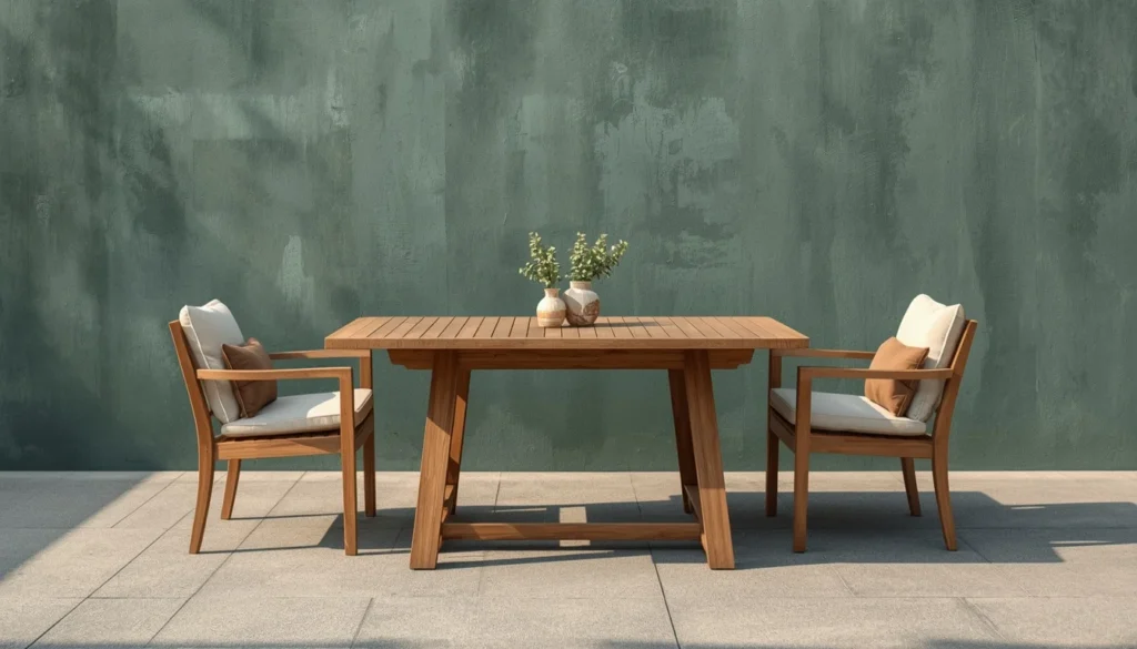 Teak furniture arrangement against a pewter green patio wall