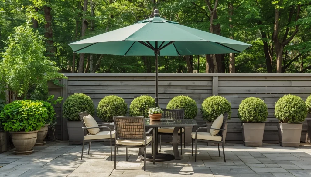 pewter green patio umbrella over outdoor dining set
