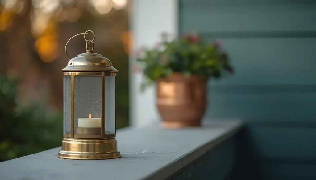 Brass and copper accents warming up a pewter green patio 