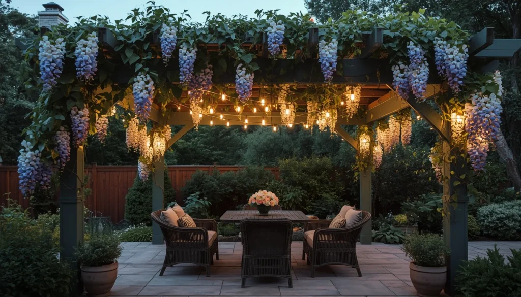 pewter green pergola with climbing vines over a patio