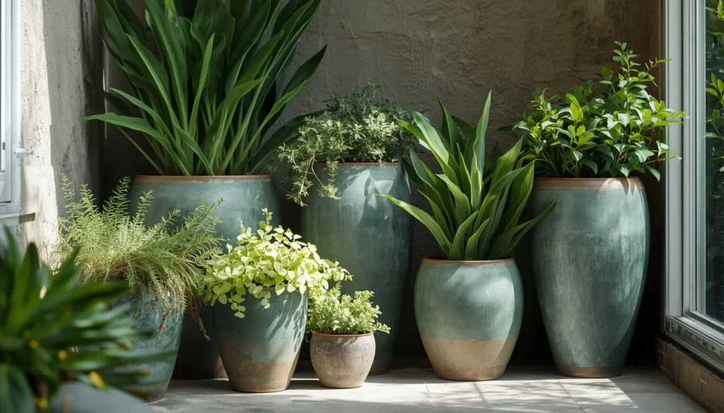 pewter green planters grouped on a patio corner