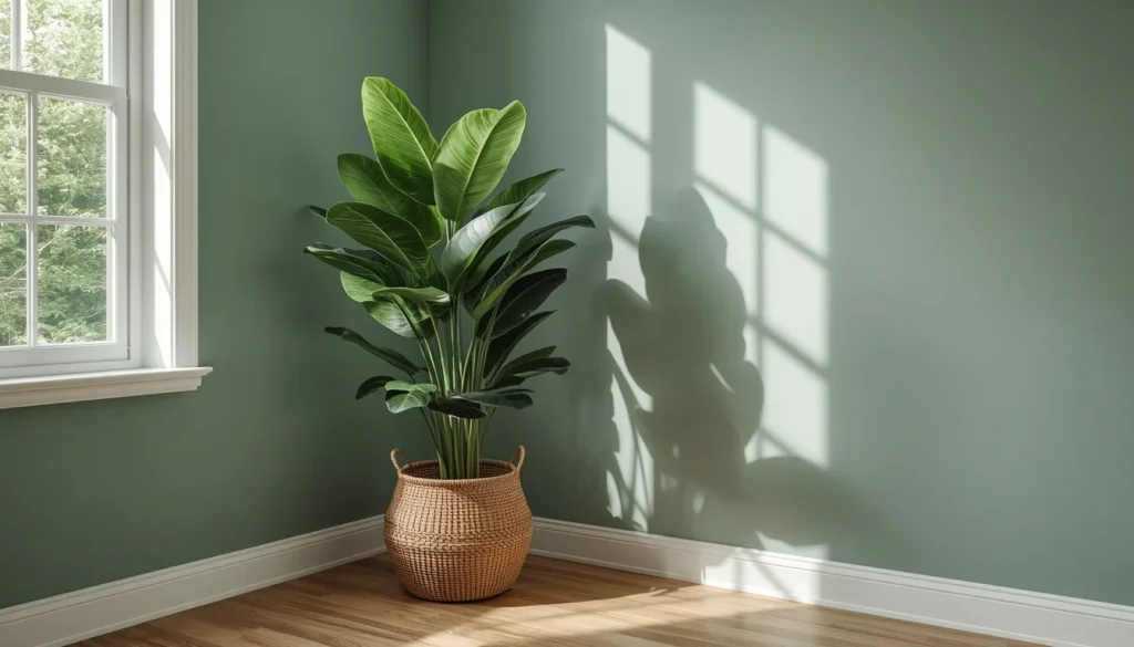plants styled in a pewter green living room corner