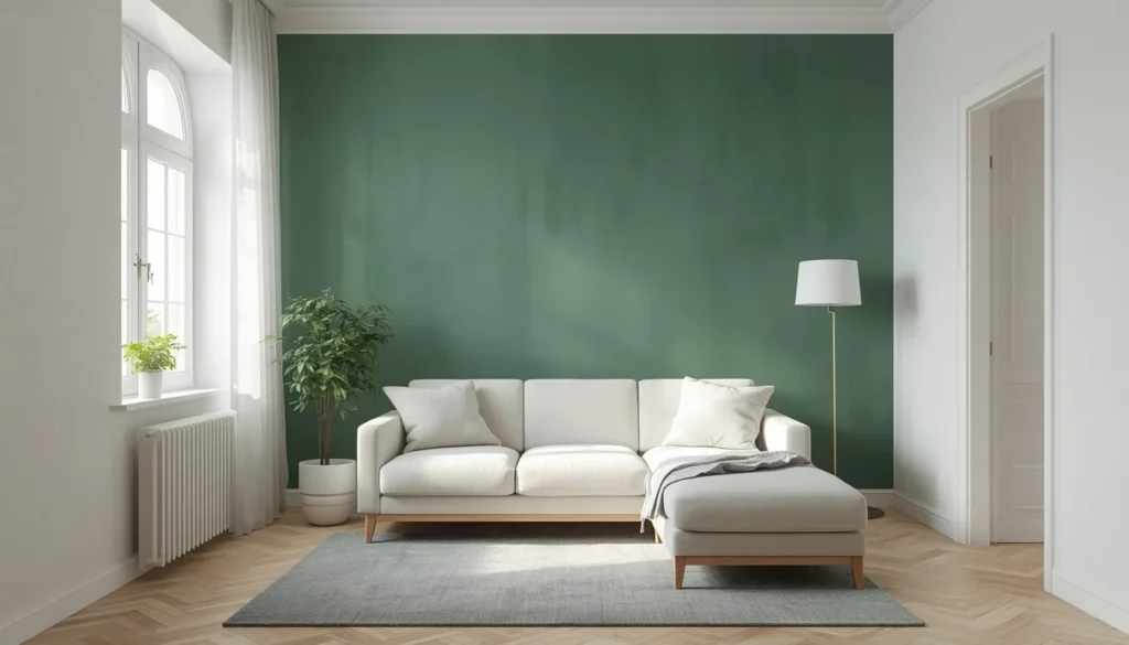 small living room with one pewter green accent wall