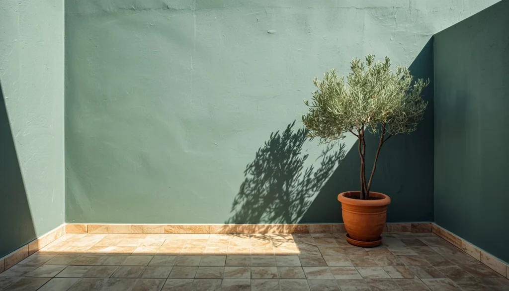 pewter green patio wall with warm stone flooring pairing
