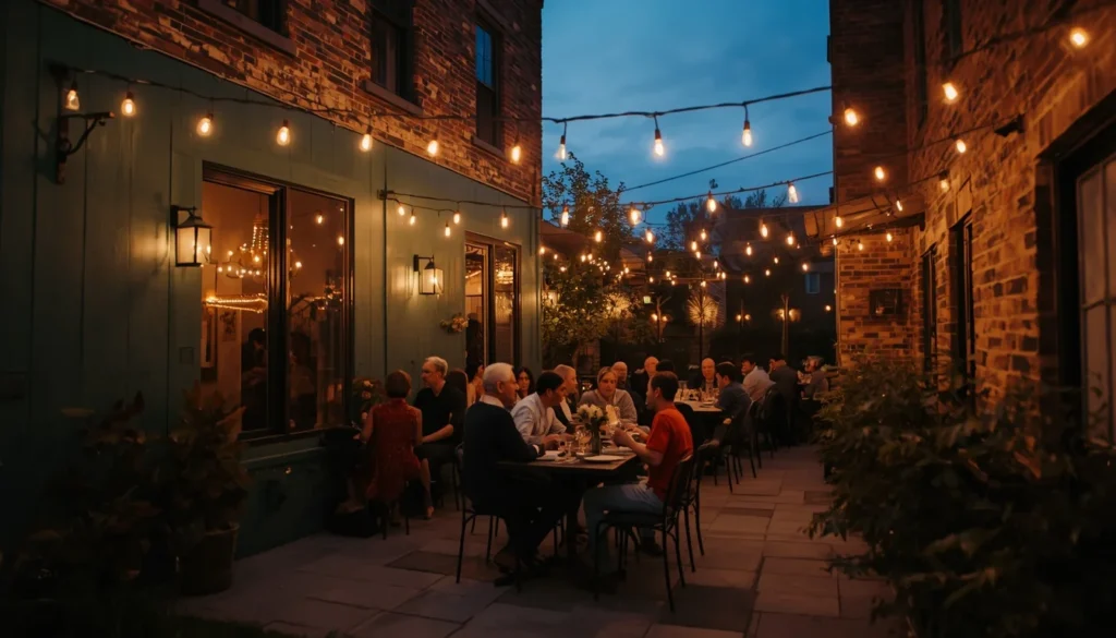 pewter green patio wall lit by warm string lights at dusk