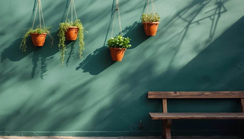 terracotta pots against a pewter green patio wall