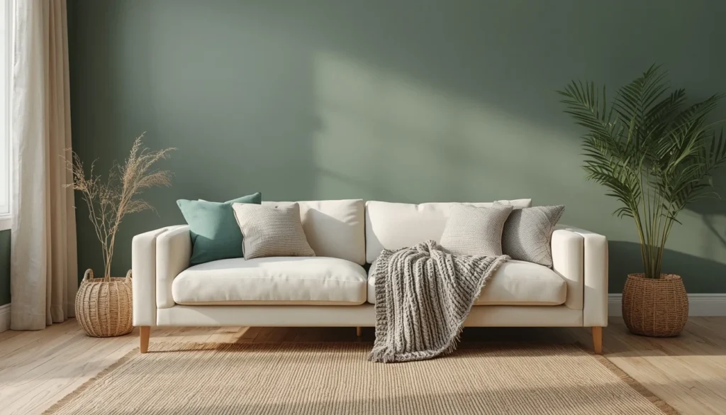 layered textiles in a pewter green living room