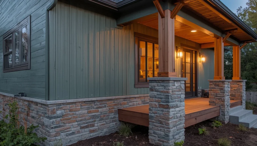 layered materials and textures on a pewter green house exterior