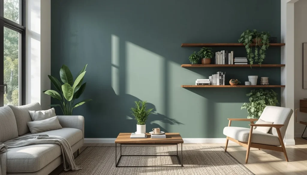 walnut wood tones paired with pewter green living room wall