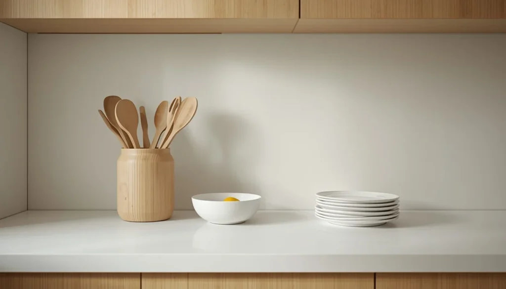 Tiny apartment kitchen decor idea showing edited countertop storage instead of overloaded shelves
