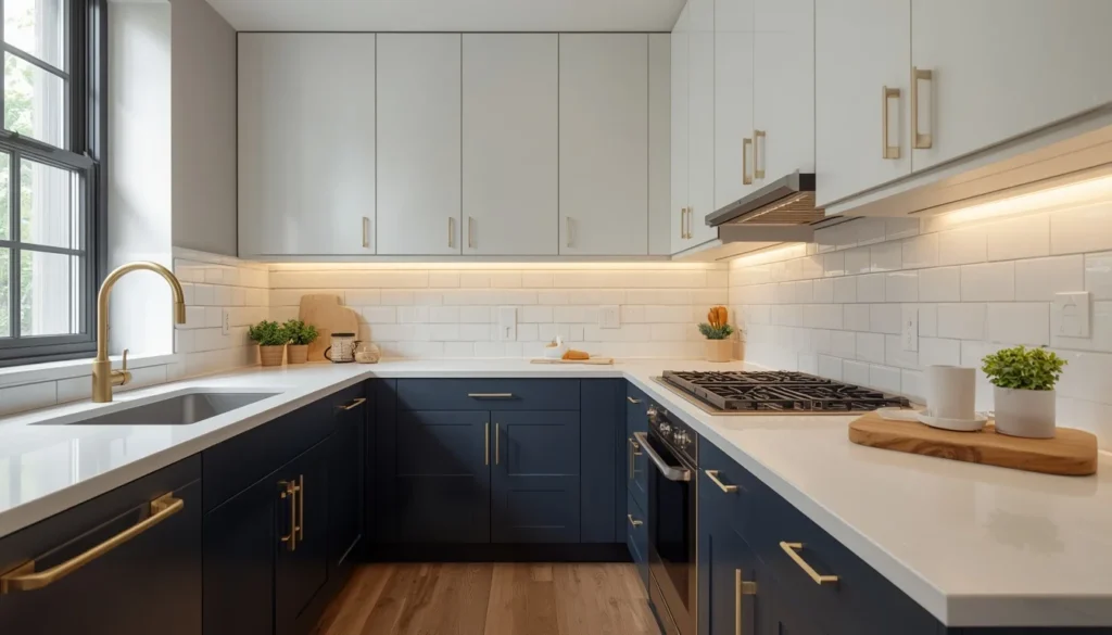 Tiny apartment kitchen decor idea with navy lower cabinets and white uppers