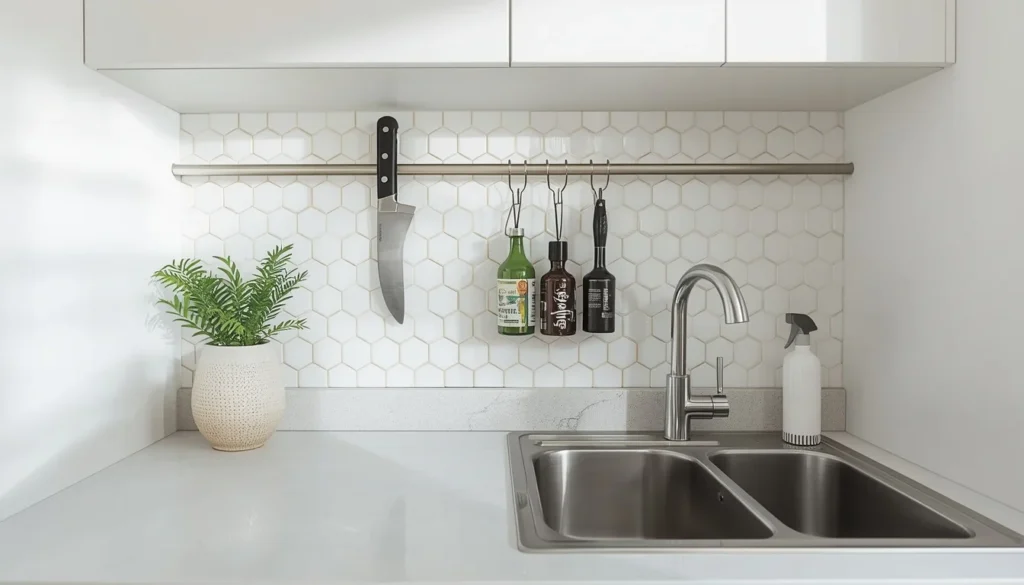 Renter-friendly tiny apartment kitchen decor idea with peel and stick backsplash