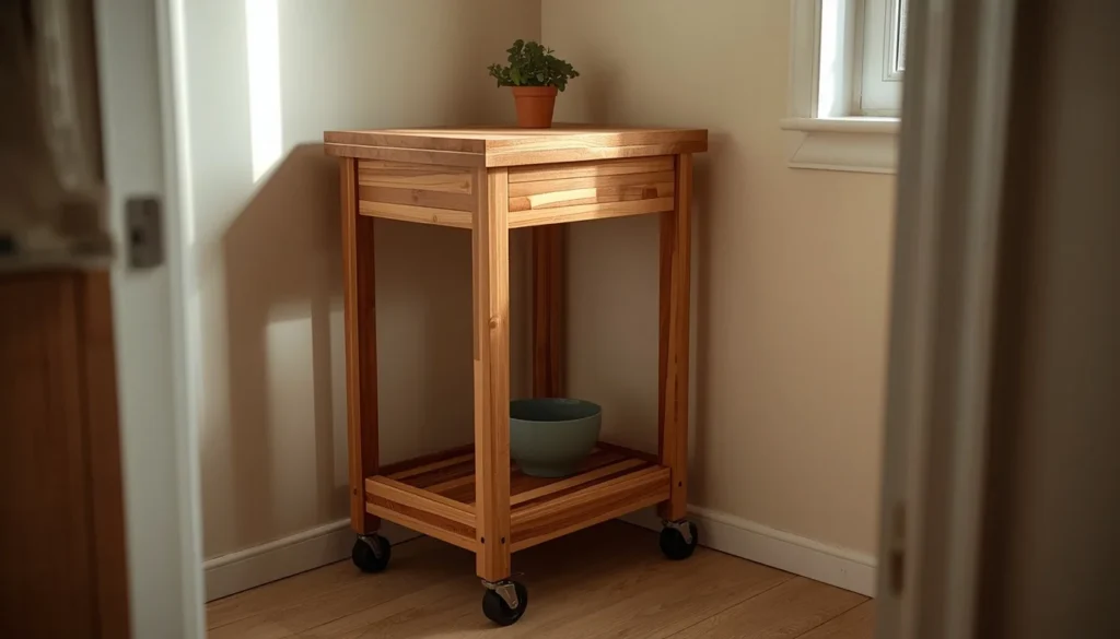Tiny apartment kitchen decor idea using a rolling cart instead of a built-in island