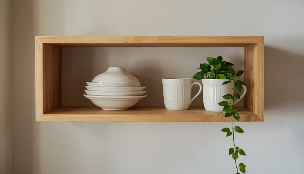 Small apartment kitchen decor idea with one curated open shelf instead of full open shelving