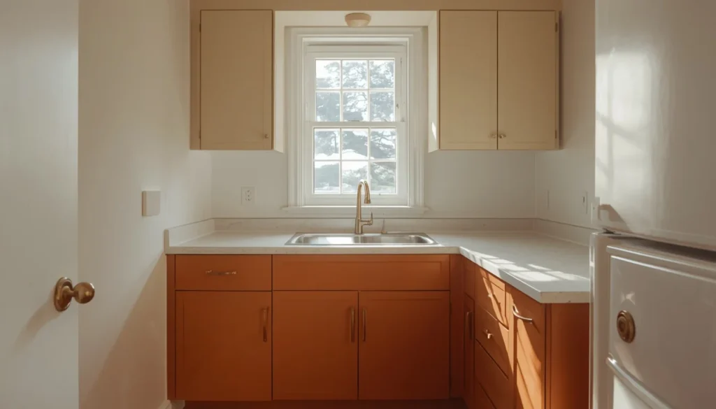 Tiny apartment kitchen decor idea using warm off-white paint instead of stark white