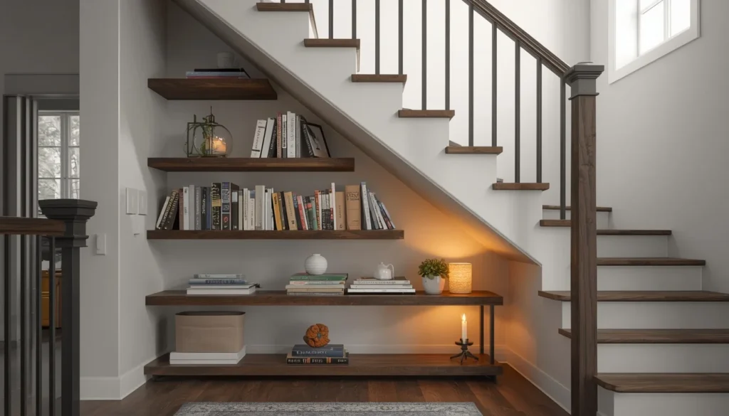 Under stairs wall space ideas: floating ladder bookshelf following the staircase slope