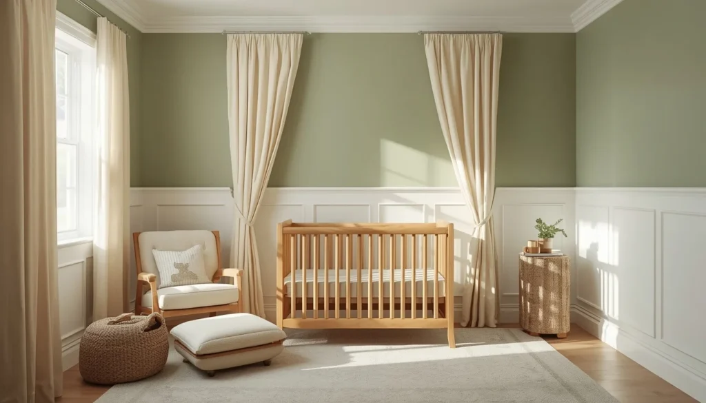 Children's Room Paint Ideas — soft sage green nursery with white trim and wood crib