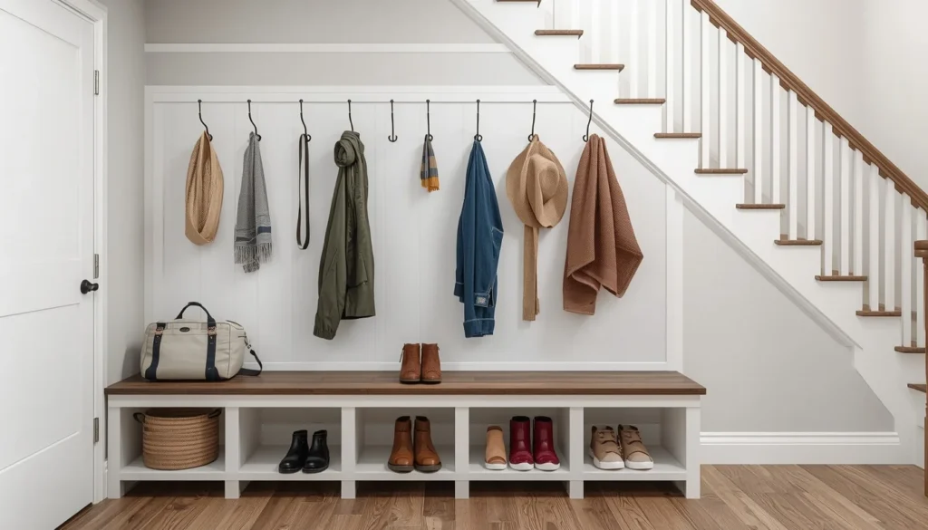 Under stairs wall space ideas: mudroom hooks and cubbies for coats and shoes