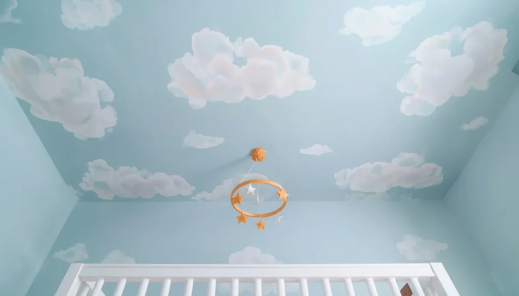 Children's Room Paint Ideas — hand-painted cloud mural ceiling in a nursery