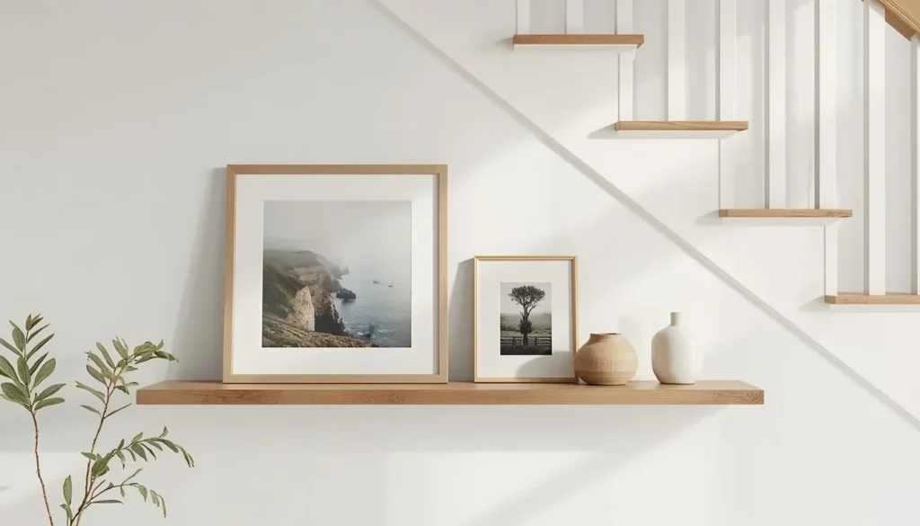 Under stairs wall space ideas: layered art ledge display along the staircase wall