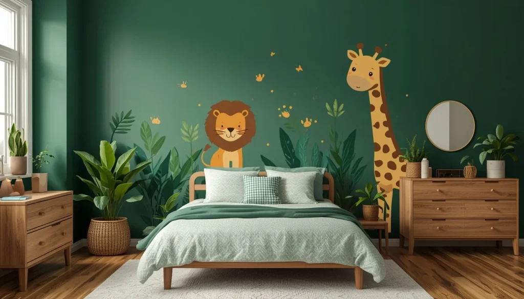 Children's Room Paint Ideas — jungle green walls with animal decals in kids bedroom