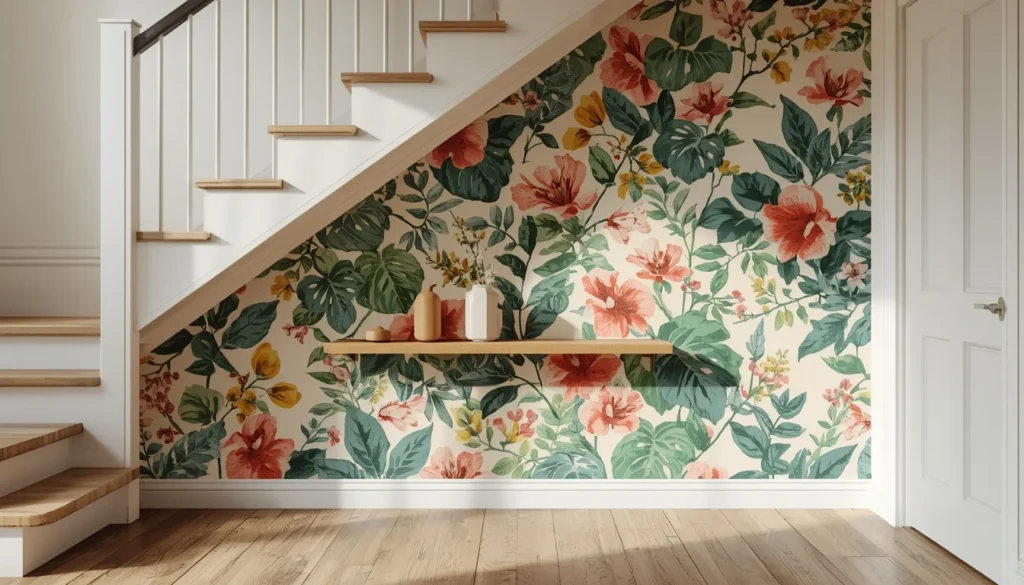 Under stairs wall space ideas: bold botanical wallpaper accent wall under staircase