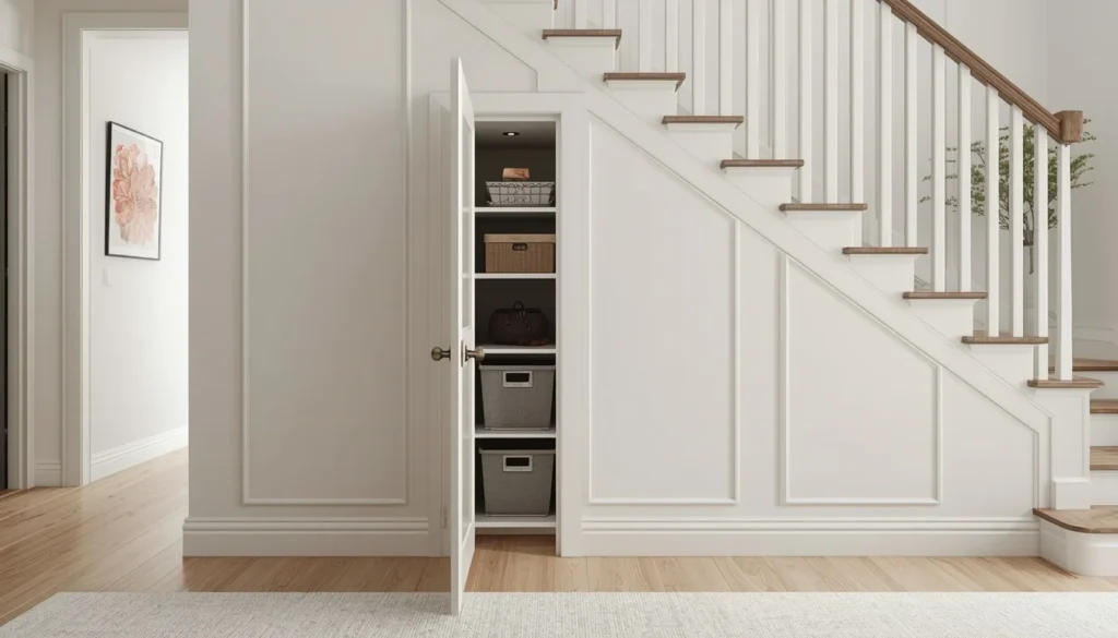 Under stairs wall space ideas: hidden storage panel door built into staircase wall