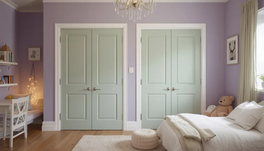 Children's Room Paint Ideas — lavender walls with sage green trim in kids bedroom