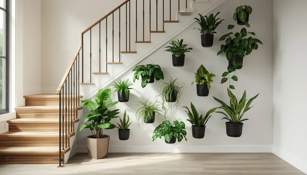 Under stairs wall space ideas: vertical plant wall with wall-mounted low-light planters