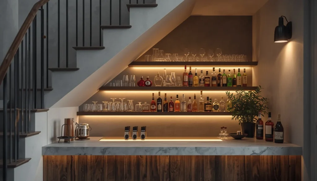 Under stairs wall space ideas: compact bar nook with floating shelves and LED lighting