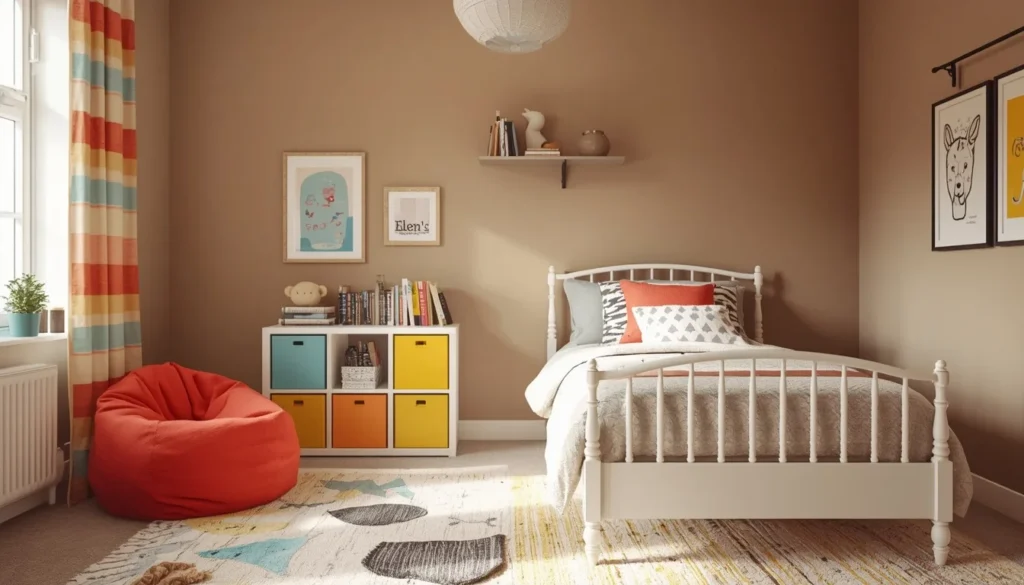 Children's Room Paint Ideas — warm greige kids bedroom with colorful furniture accents