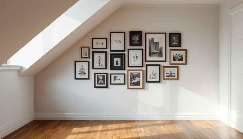 Under stairs wall space ideas: diagonal gallery wall of framed photos along staircase slope