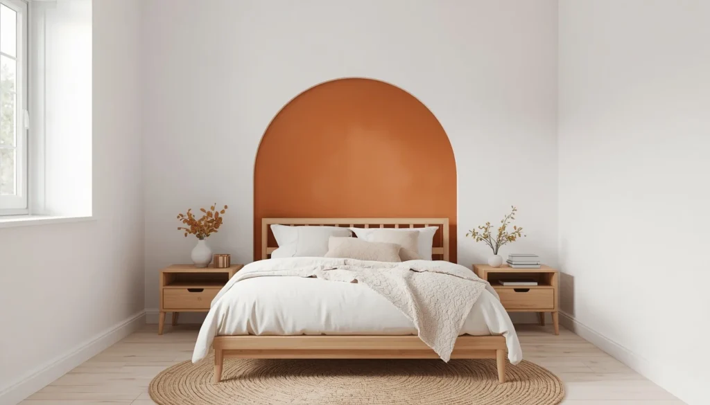Children's Room Paint Ideas — terracotta accent wall behind kids bed with white surrounding walls