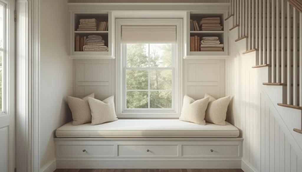 Under stairs wall space ideas: built-in window seat with wall storage cubbies