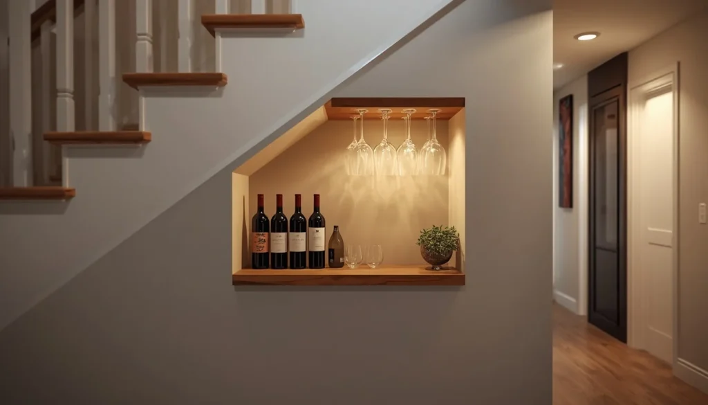 Under stairs wall space ideas: built-in wine rack and glass storage nook