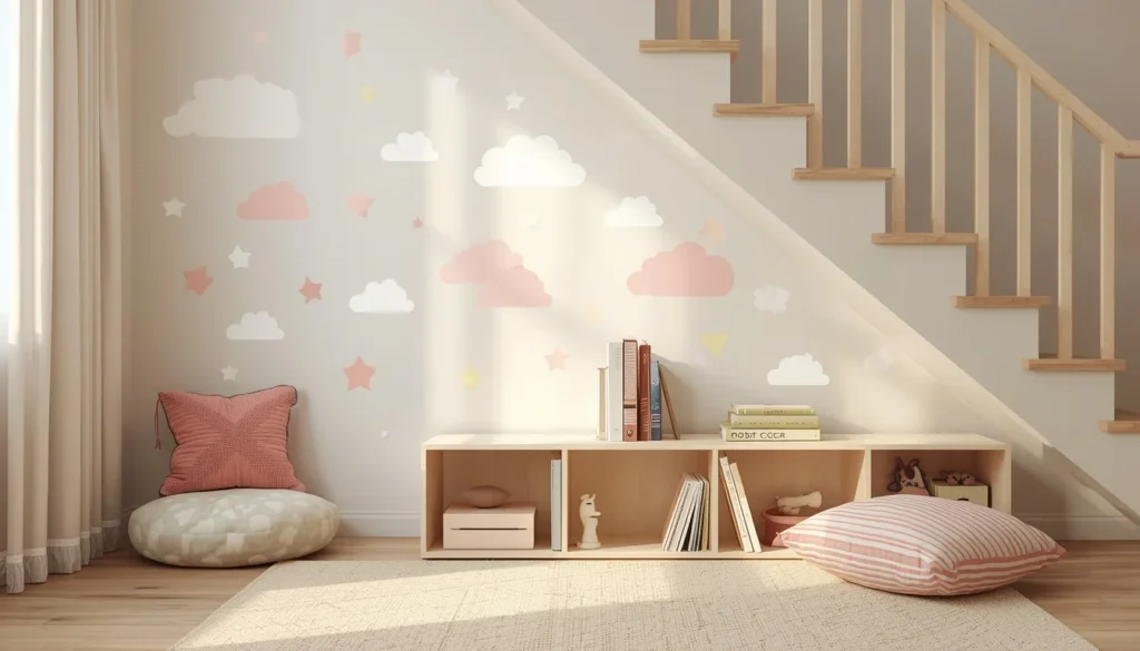 Under stairs wall space ideas: kids reading corner with cloud wall decals