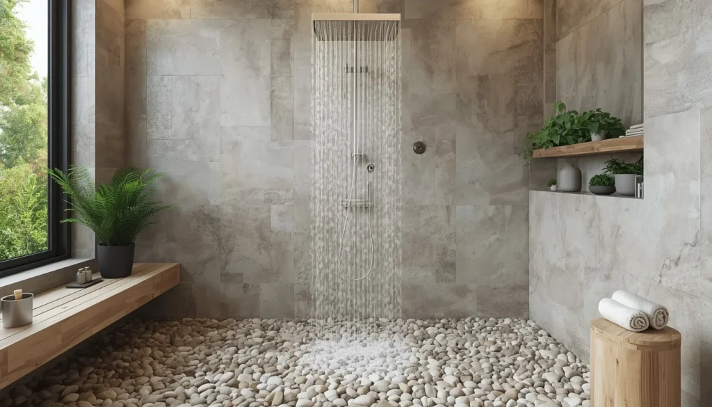 bathroom tiles ideas with natural pebble stone shower floor