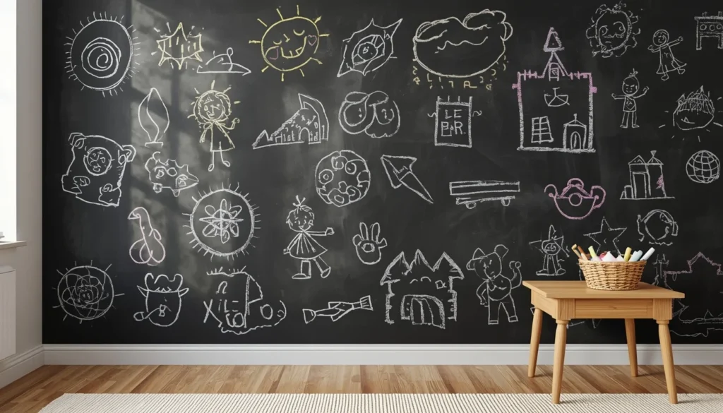 Children's Room Paint Ideas — black chalkboard paint wall in kids playroom with chalk drawings