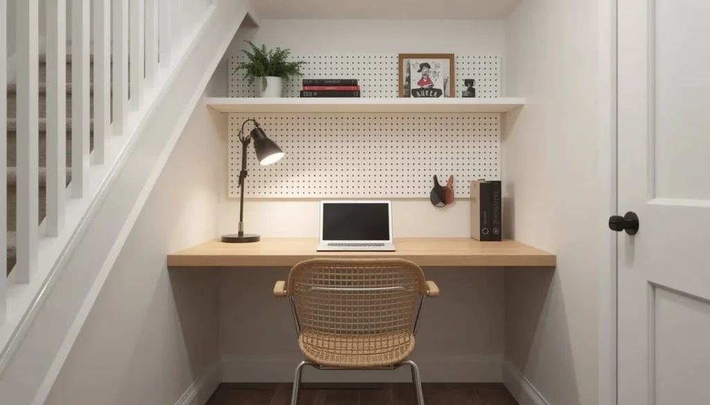 Under stairs wall space ideas: tiny fold-down home office desk with pegboard